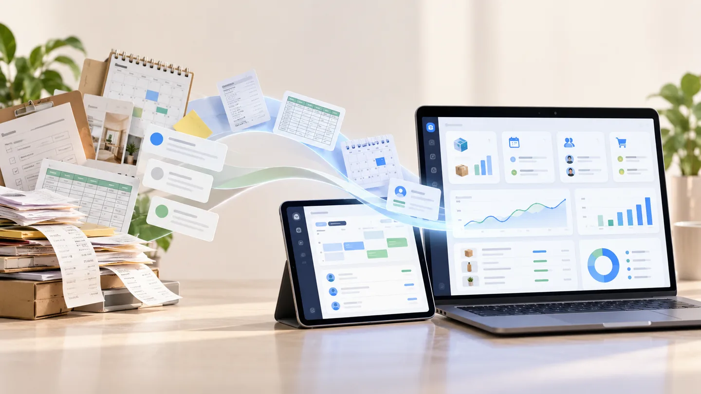 Illustration of paperwork and spreadsheets coming together in a business dashboard